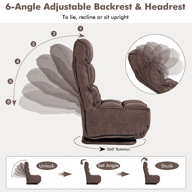 360-Degree Swivel Folding Floor Chair with 6 Adjustable Positions-Brown