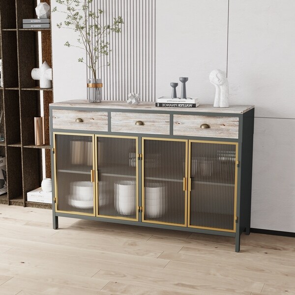 4 Glass Doors Modern Sideboard with 3 Top Drawers