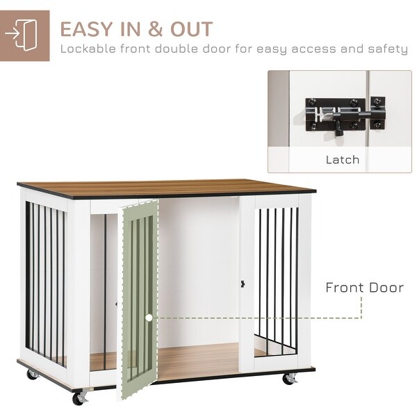 PawHut Modern Dog Crate End Table with Easy to Clean Surface， Large Dog Crate Furniture on Wheels， White