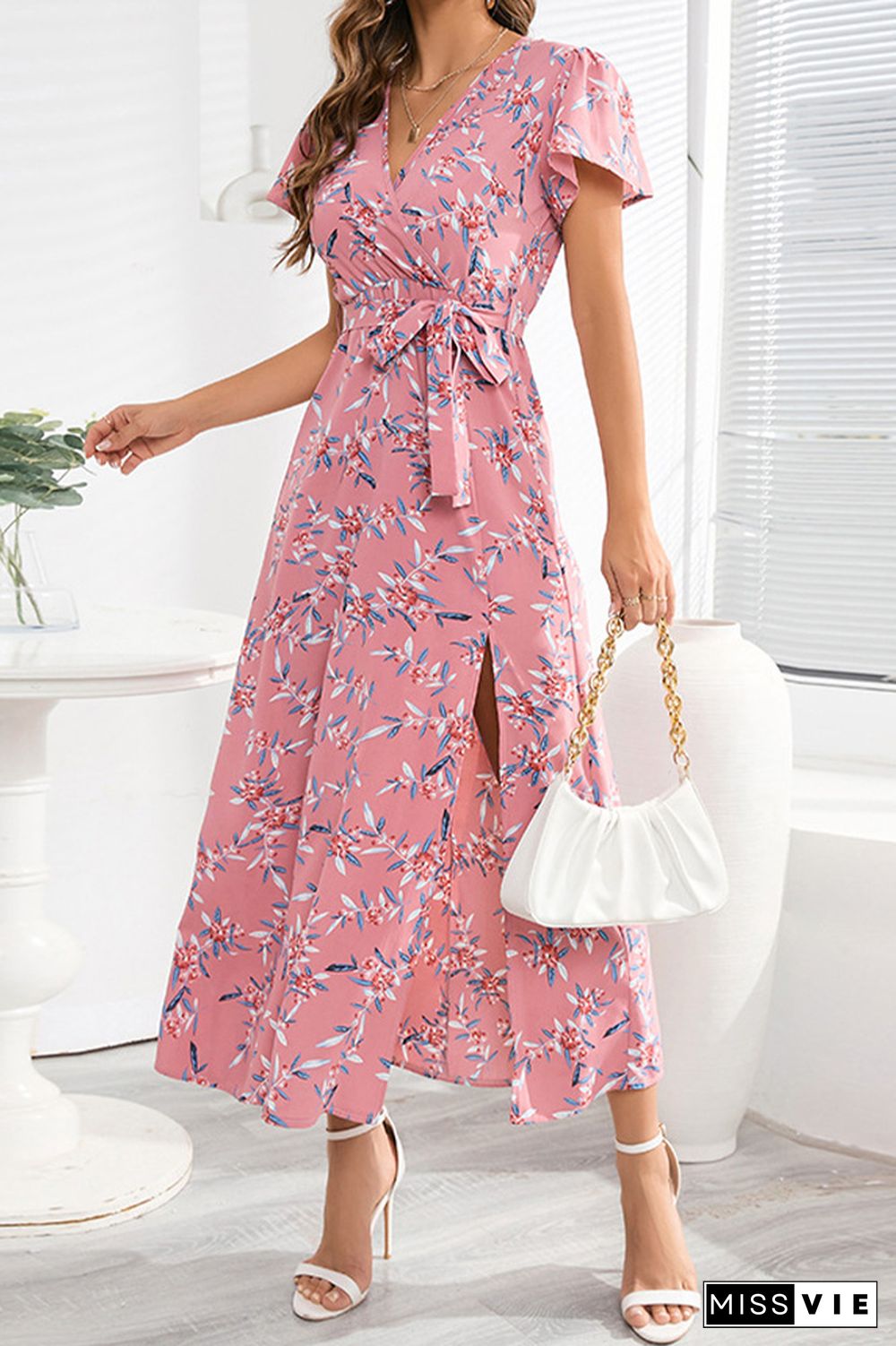 Flower Print Waist Tie Surplice Split Dress