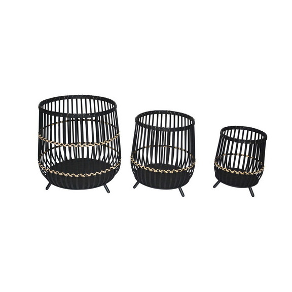 Benjara BM205187 Drum Shaped Open Cage Bamboo Plan...