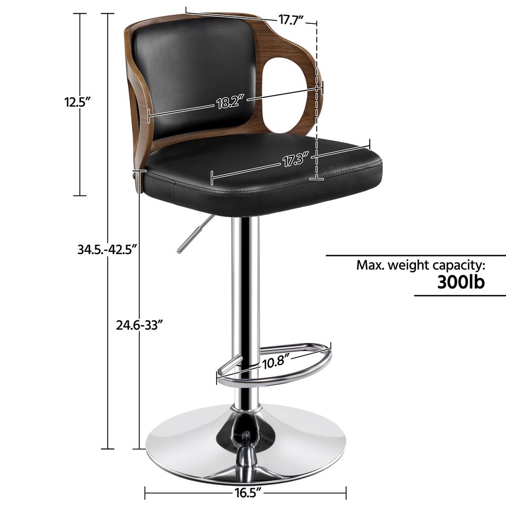 SmileMart Adjustable Walnut Bentwood Faux Leather Bar Stool for Kitchen Counter Home Bar Pub， Black