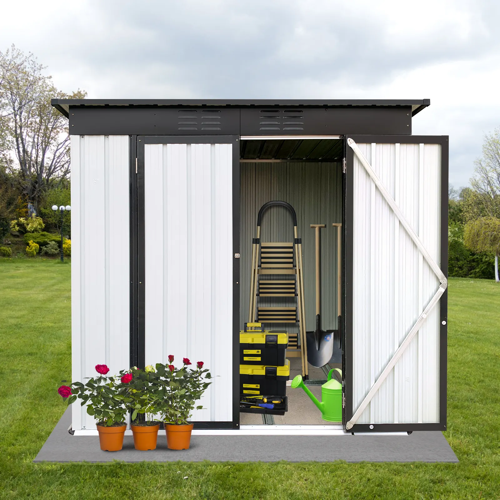 Garden Supplies White Black Outdoor Plastic Storage Shed and Sheds Storage Outdoor for Lawn Backyard