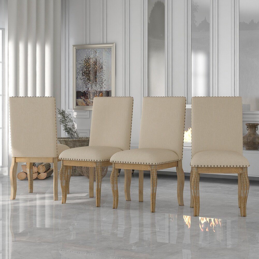 Set of 4 Dining Chairs with Solid Wood Legs  Mid Century Modern Upholstered Dining Room Chairs with Nailhead Decoration