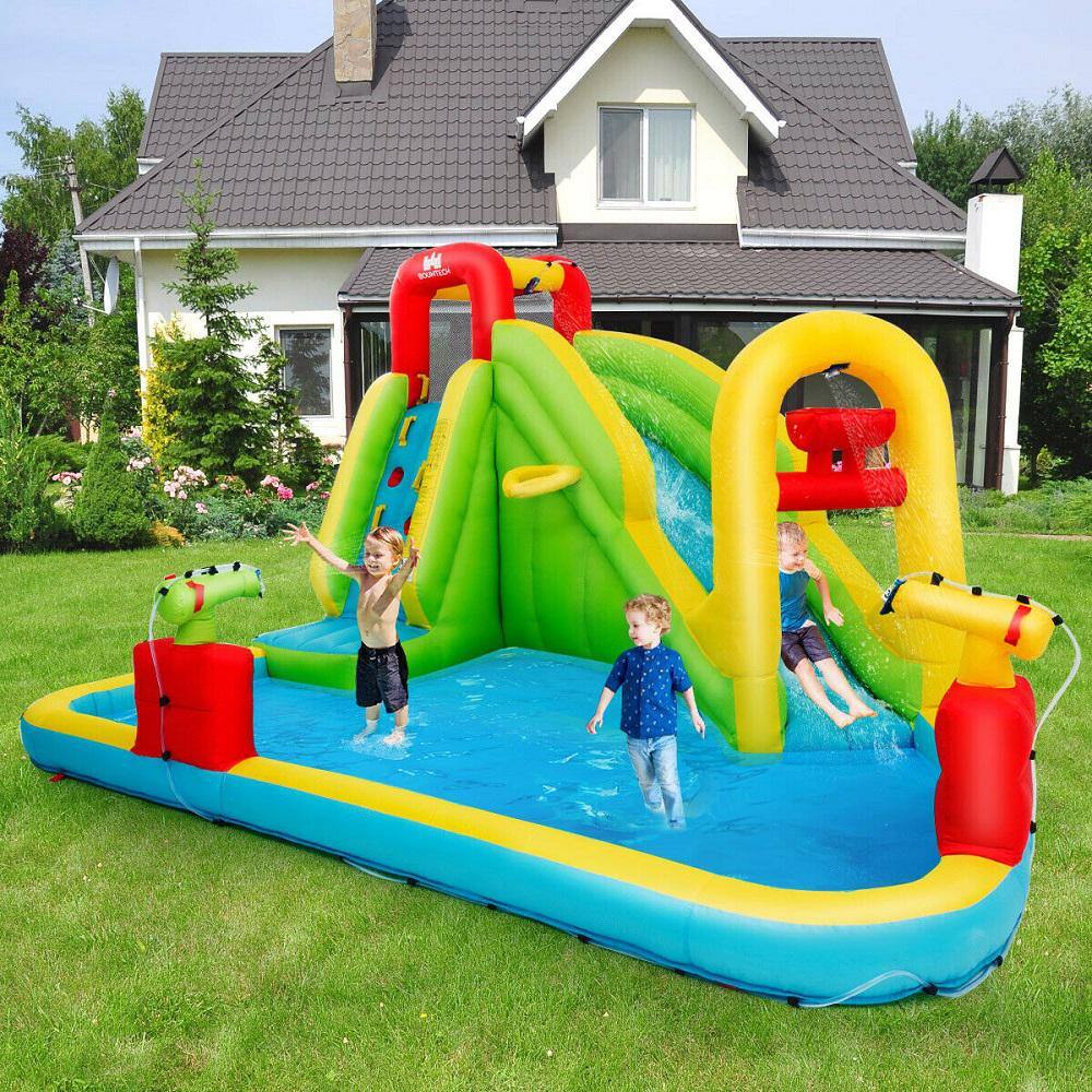 Gymax 157.5 in. x 132 in. x 90.5 in. Cloth Yellow Outdoor Inflatable Splash Water Bounce House Jump Slide wBlower GYM04202