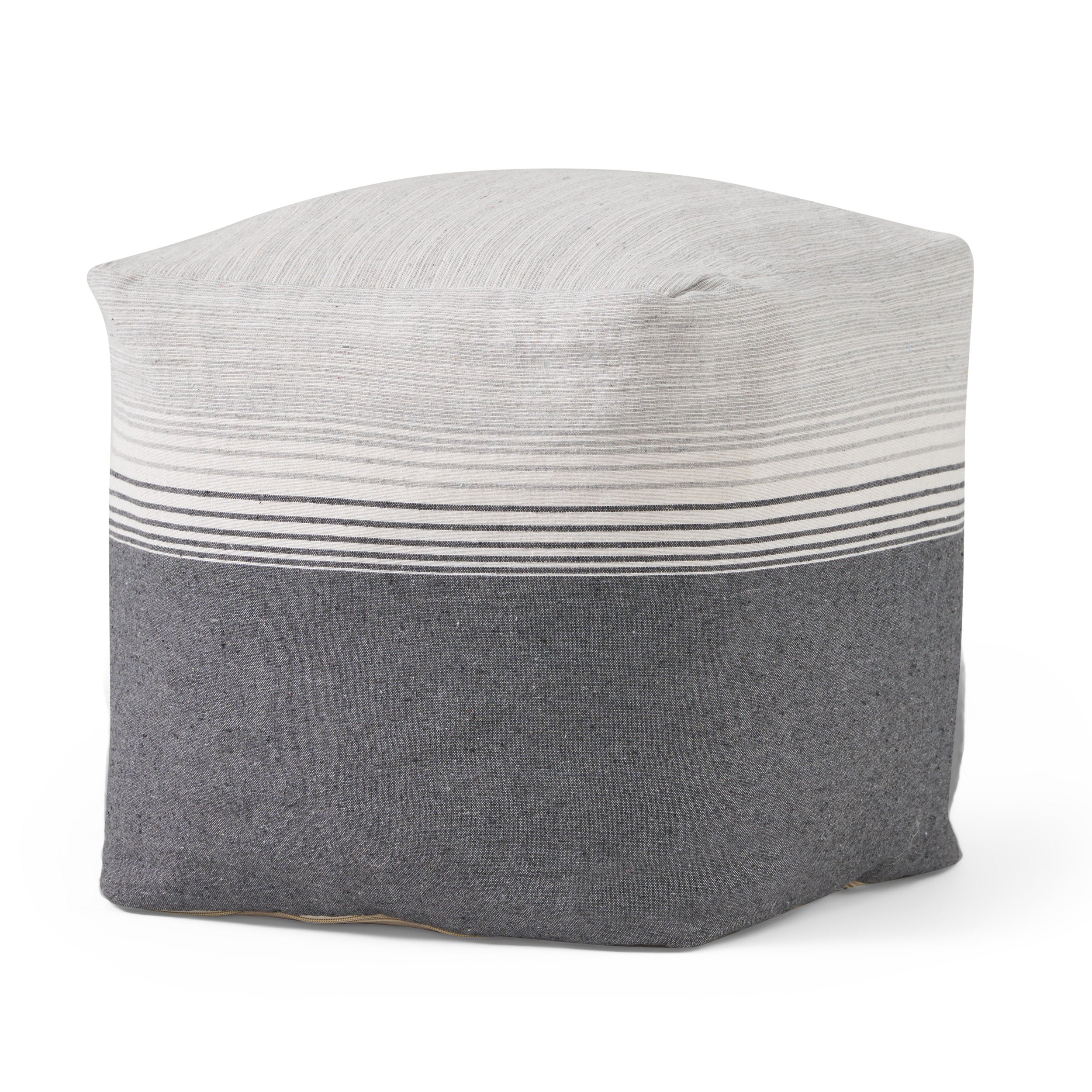 Oceola Boho Handcrafted Fabric Cube Pouf, Ivory and Gray