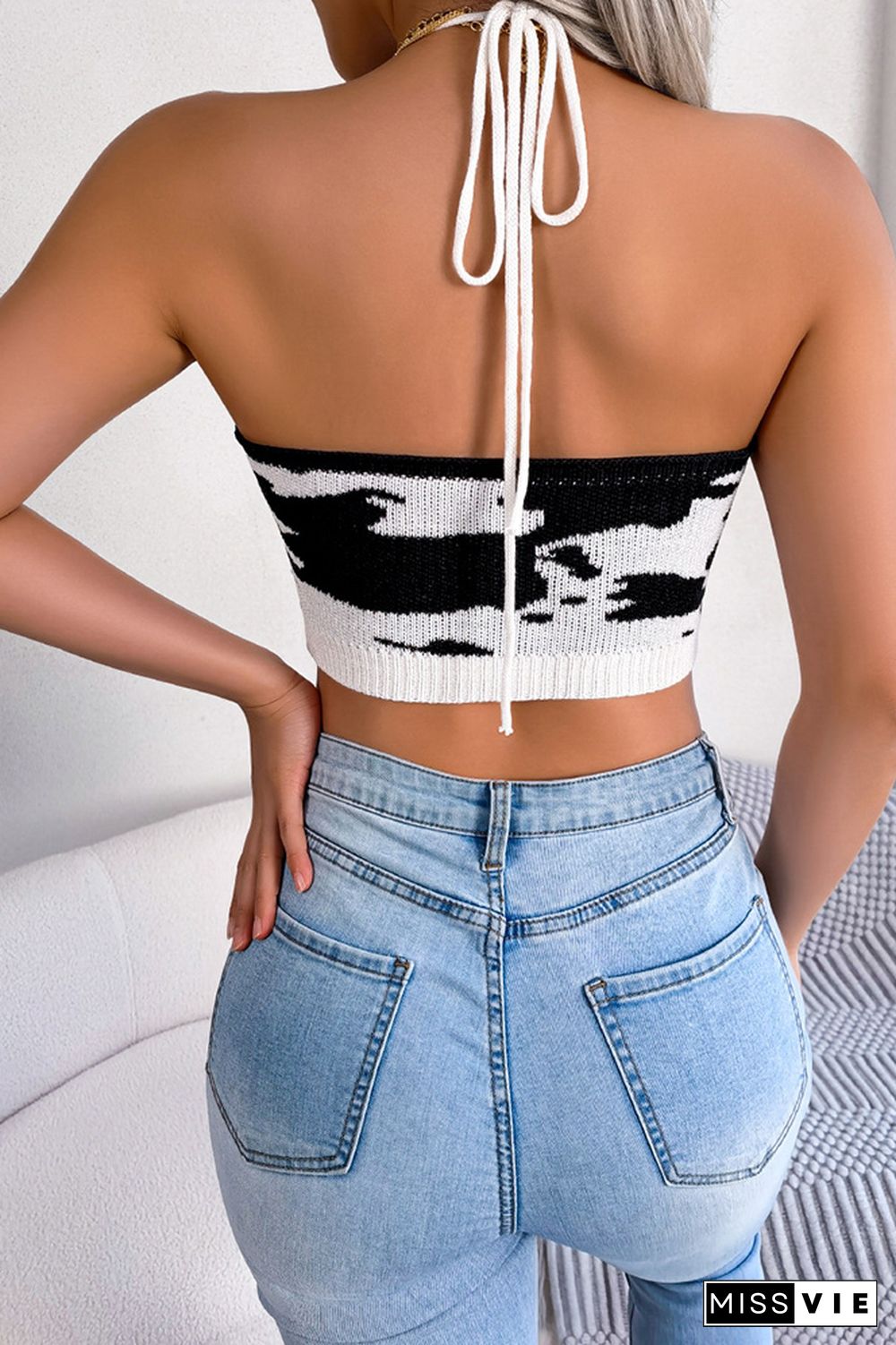 Cow Pattern Knit Halter Crop Tank Top