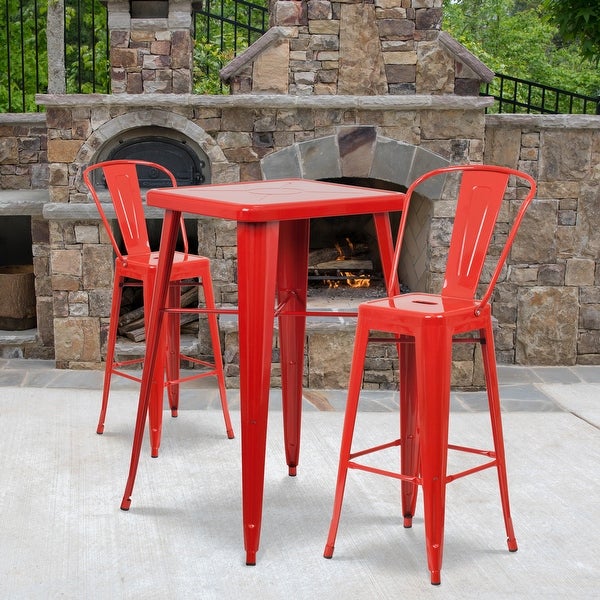 23.75'' Square Metal Indoor-Outdoor Bar Table Set with 2 Stools with Backs - 27.75