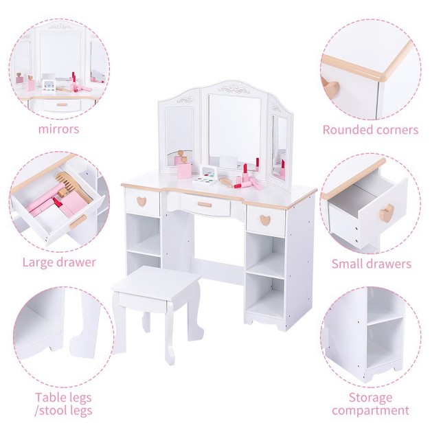 Kids Vanity Set With Mirror And Stool Wooden Girls Makeup Playset Princess Vanity Table For Kids Toddlers White