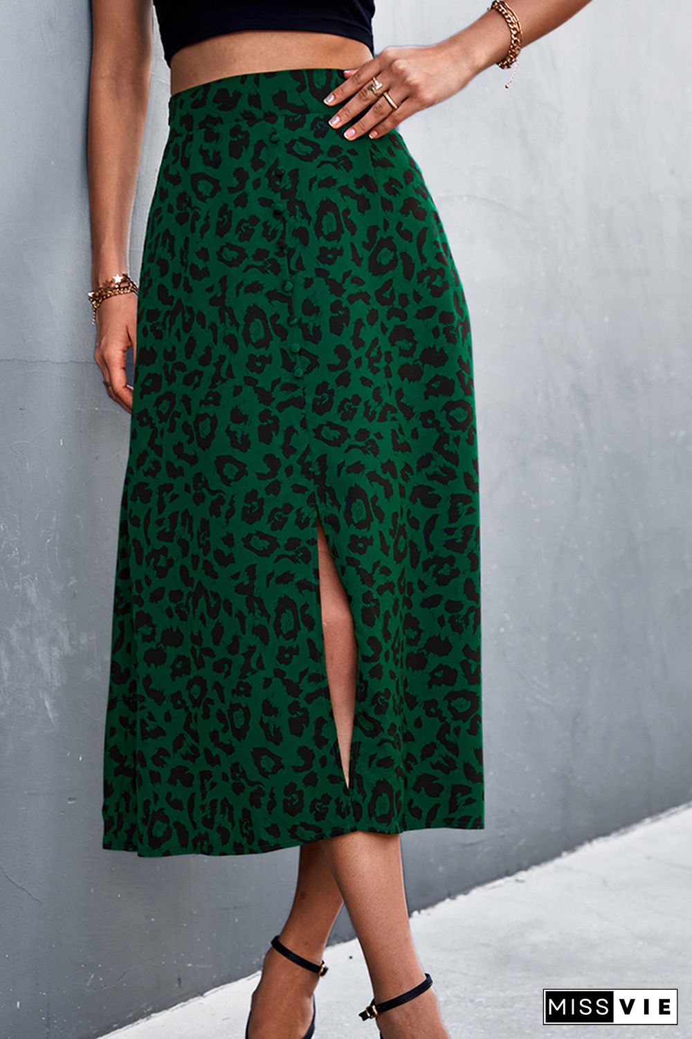 High Waist Leopard Print Split Skirt Wholesale