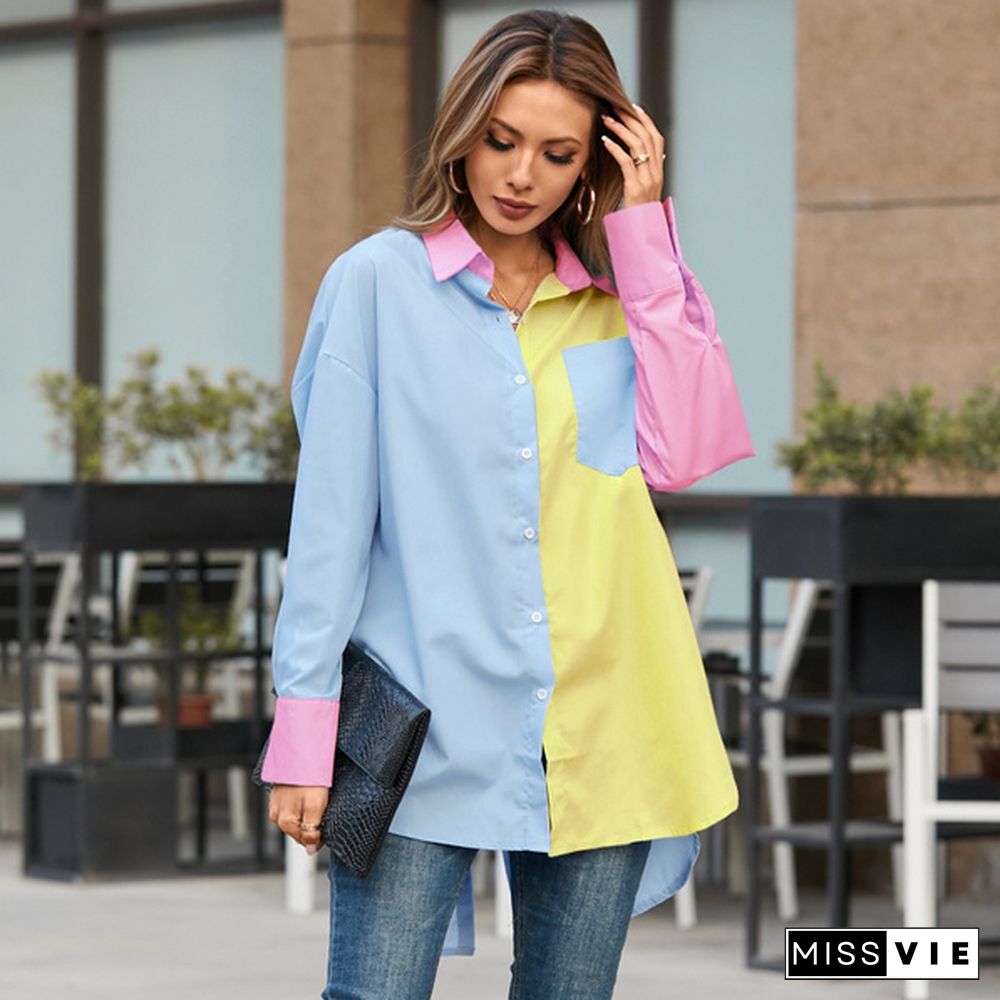 Plus Size Laides Summer Patchwork Lapel Collar Long Sleeve Blouse Casual Elegant Loose Party Tops Shirt S-5XL Chemise