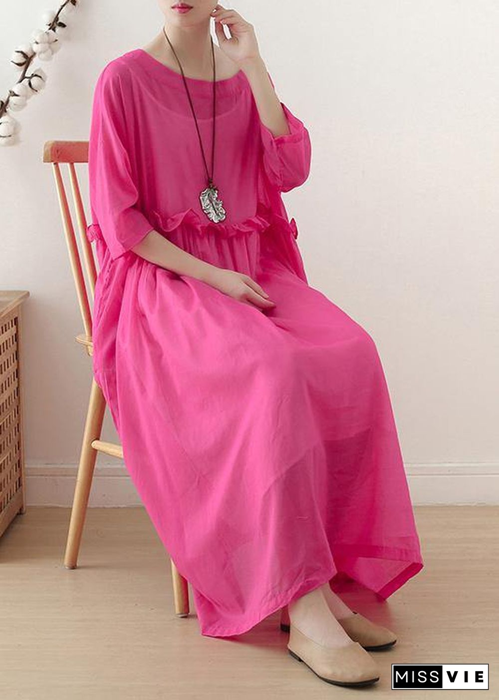 Casual Rose O-Neck Ruffled Long Dress Summer Chiffon Dress