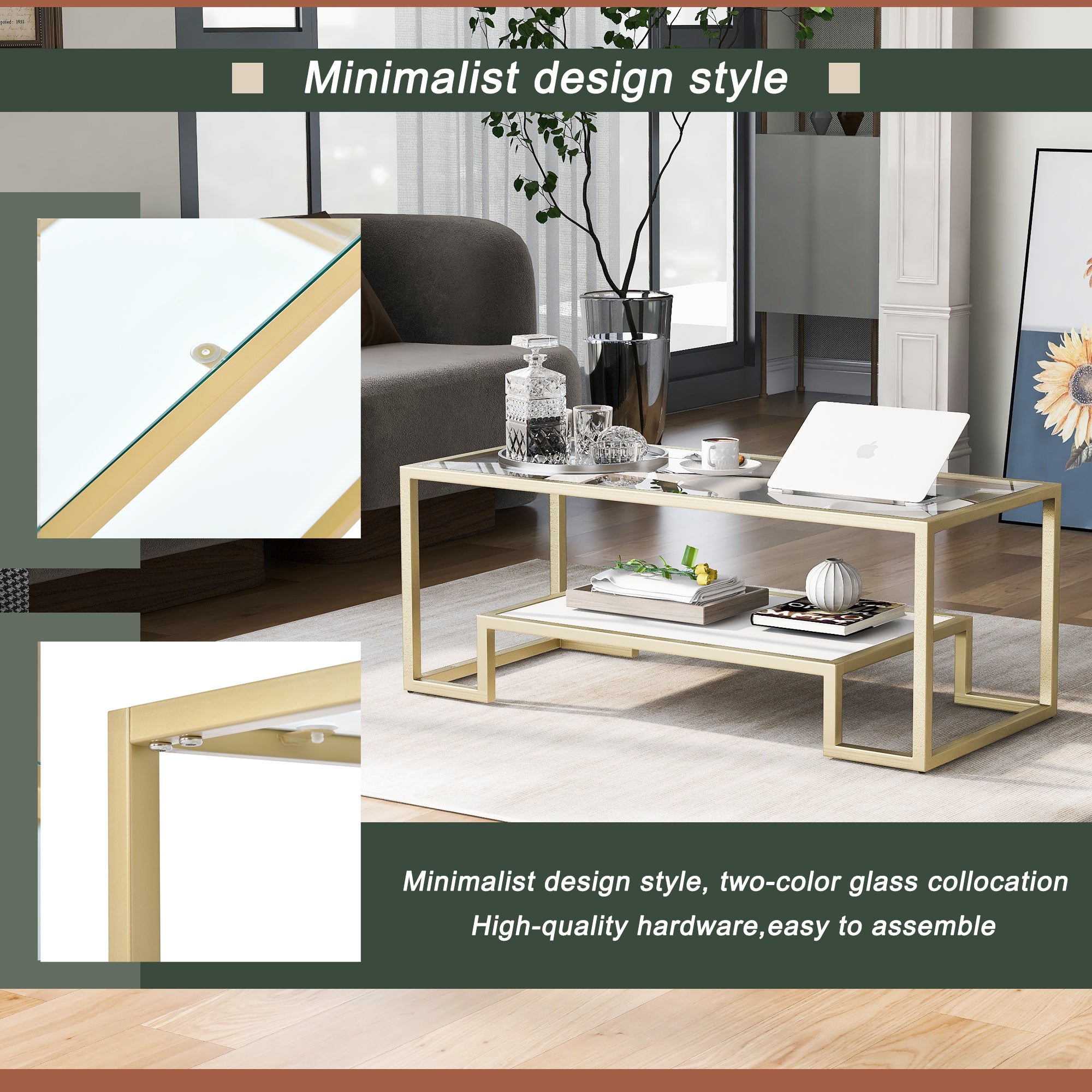 Modern Minimalist Design Living Room Coffee Table, Metal with Stained White Tempered Glass, 2-Tier Sofa Cocktail Tables, Gold