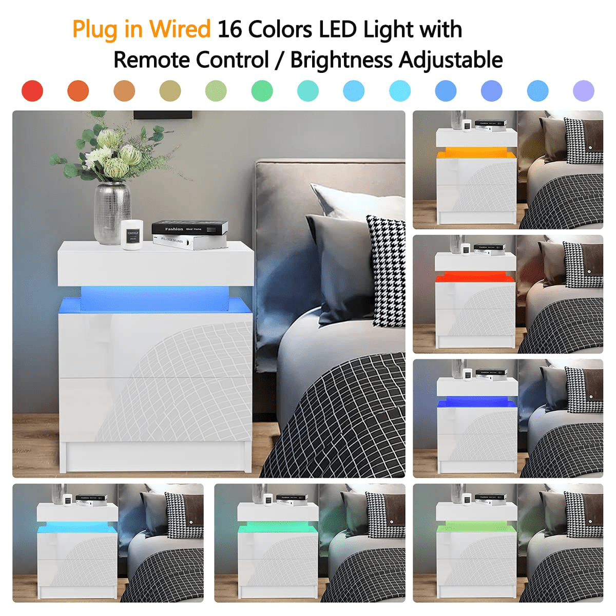 LED Nightstands for Bedroom Set of 2, Bedside Table Cabinet Nightstand With Drawer Home Bedroom - White High Gloss Finish