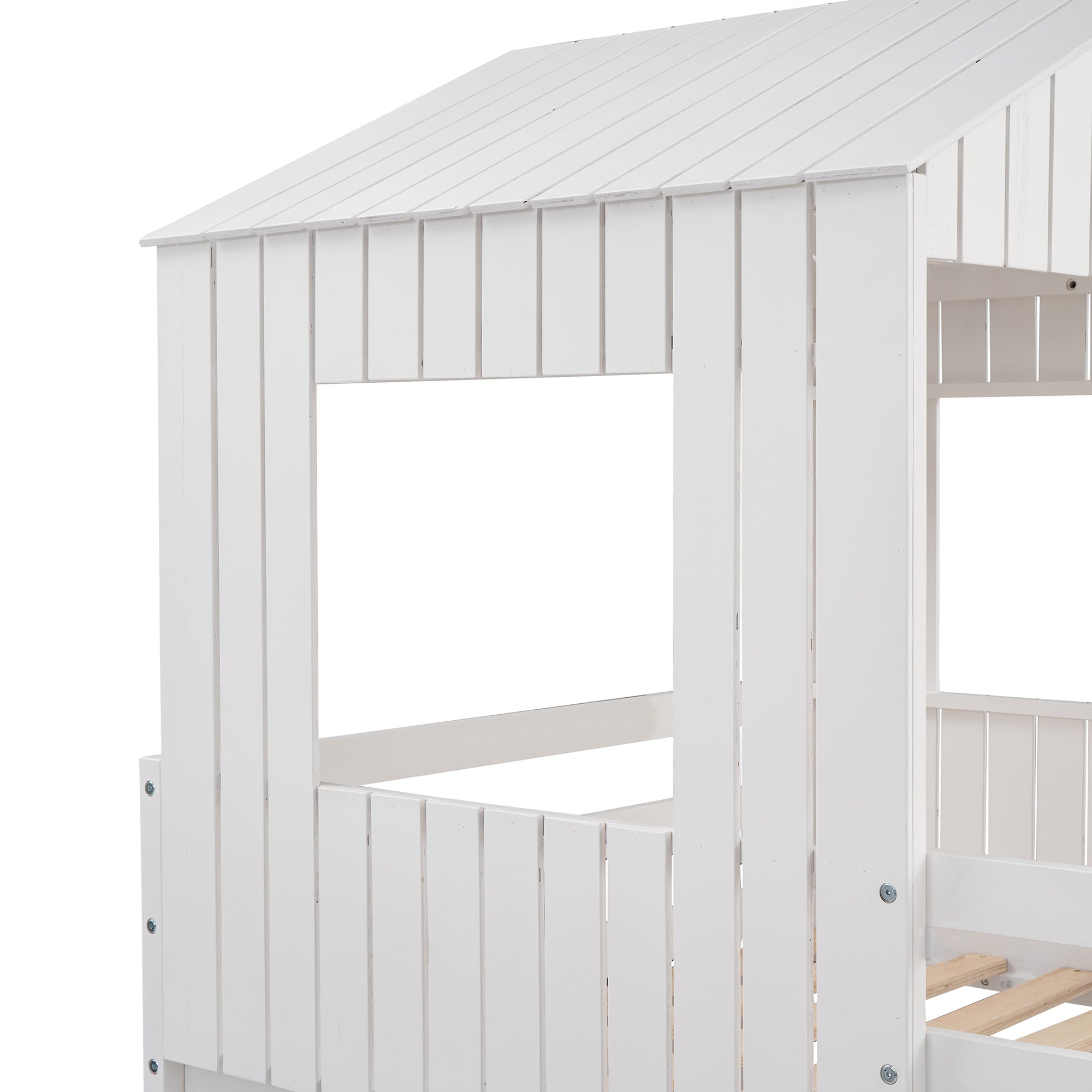 Churanty Twin Over Full Bunk Bed With Slide Wooden House Bunk Bed Playhouse Beds For Kids White