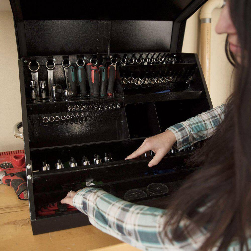 Montezuma 27 in. W x 18 in. D Portable Triangle Top Tool Chest for Sockets Wrenches and Screwdrivers in Black Powder Coat SE250B