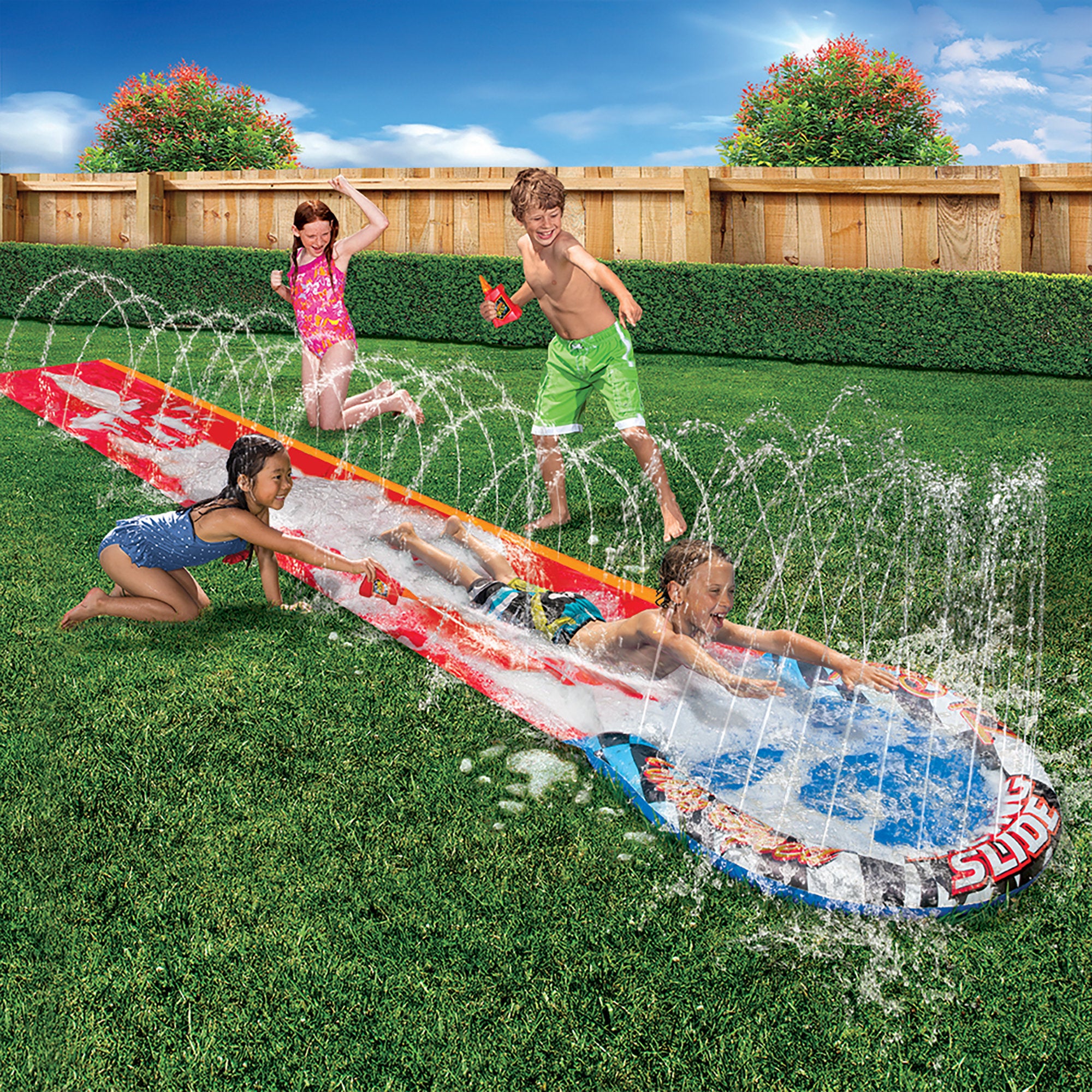 Banzai Turbo Speed Racing Slidew/ Slick Tech Solution, Length: 17 ft, Width: 28 in, Inflatable Outdoor Backyard Water Slide Splash Toy