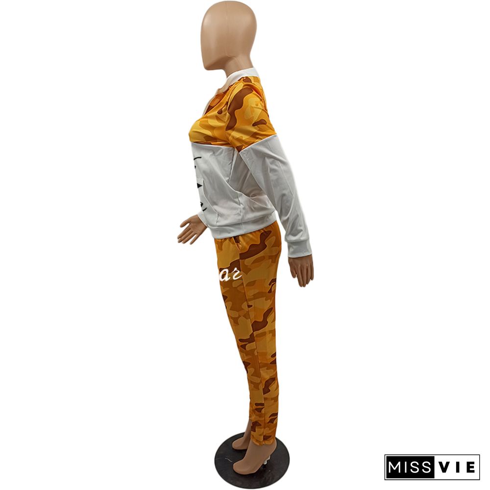 Camo Print Patchwork Pullover Top and Pants Sweatsuits