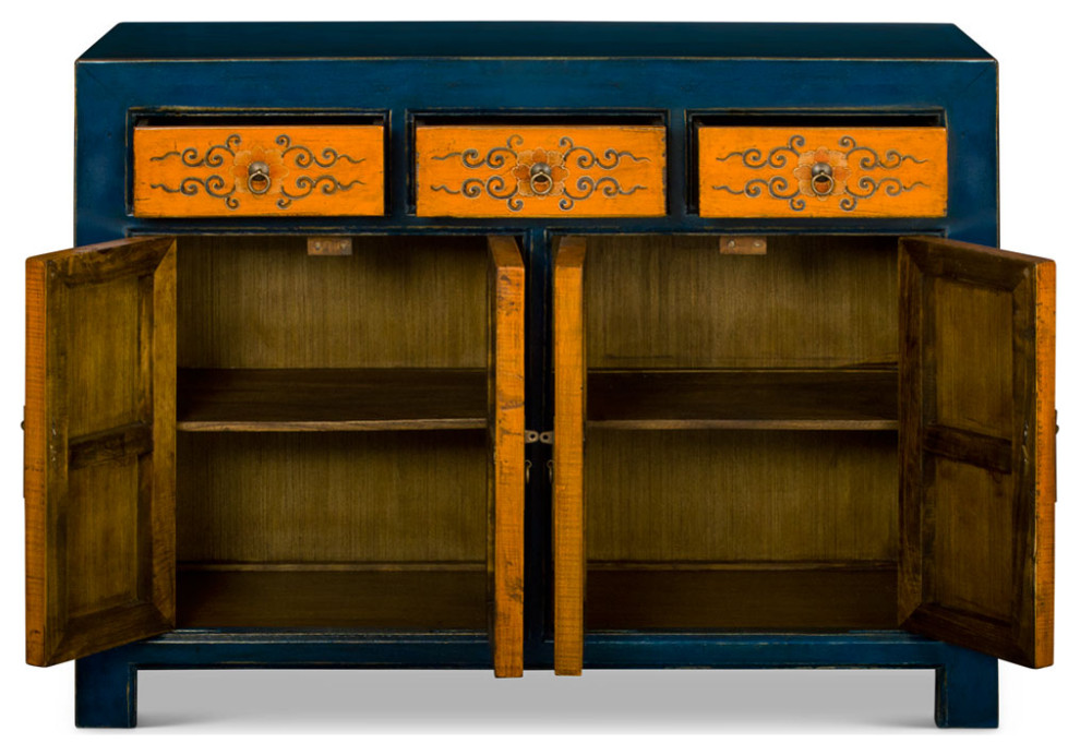 Hand Painted Distressed Blue and Yellow Tibetan Cabinet   Asian   Accent Chests And Cabinets   by China Furniture and Arts  Houzz