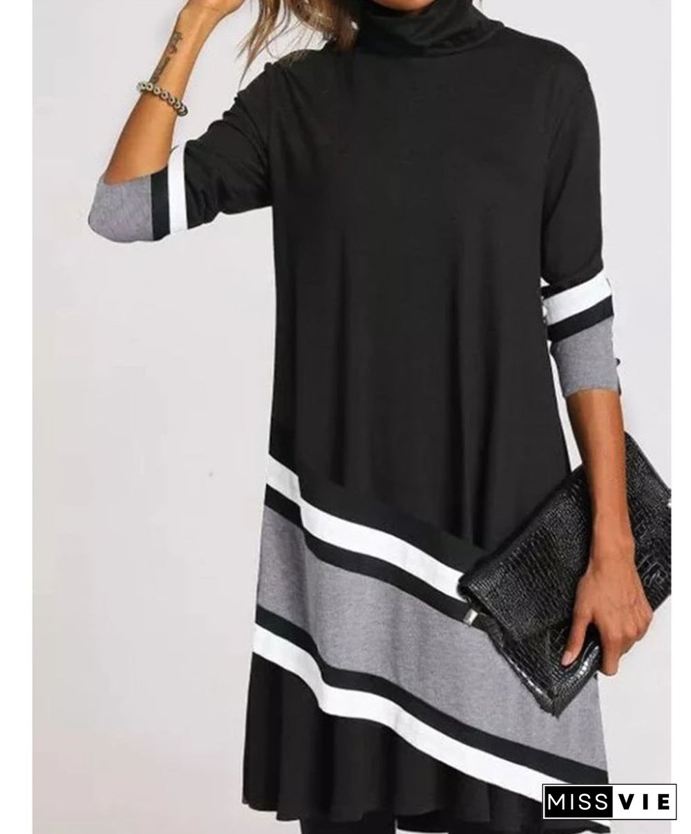 Printed Half-turtleneck Long Sleeve Dress Black Dresses