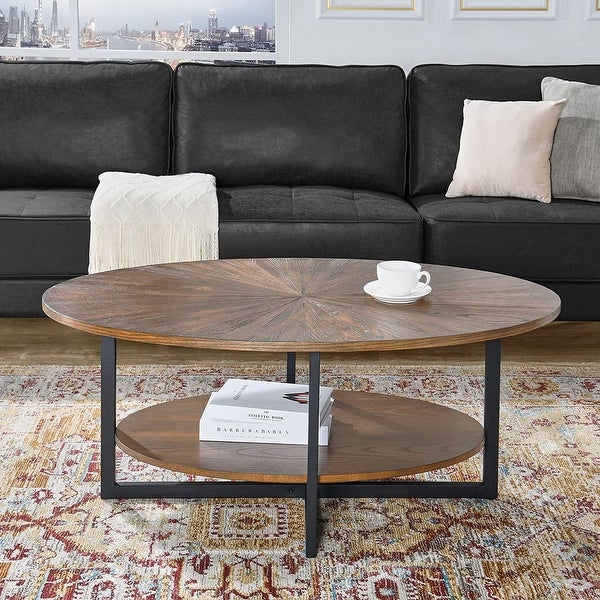 Solid Wood Oval Coffee Table with Cross Metal Legs