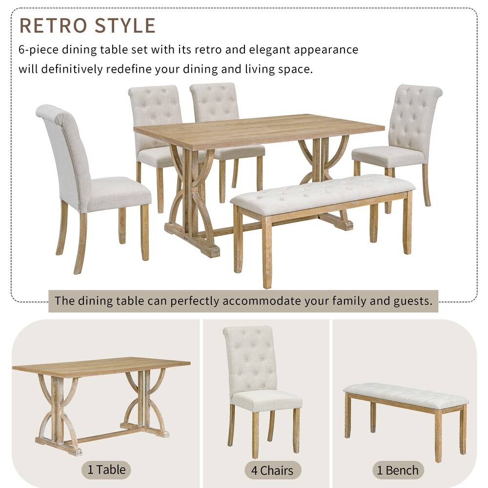 Rectangular 6 Piece Wood Dining Table Set w/Ergonomic Chairs   Bench