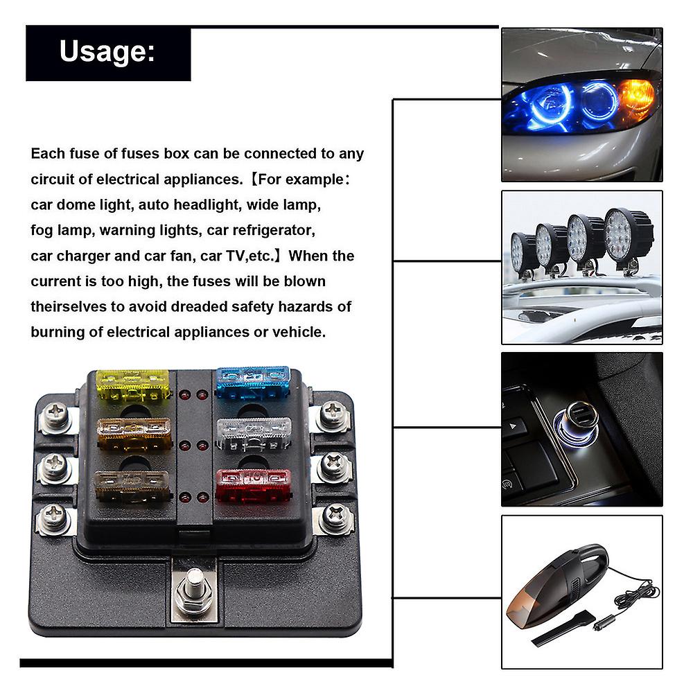 6 Way Blade Fuse Box With Led Indicator Fuse Block For Car Boat Marine Caravan 12v 24v