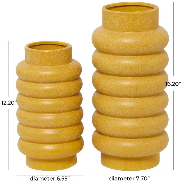 Set Of 2 Ceramic Vase With Ring Ribbing Yellow Cosmoliving By Cosmopolitan