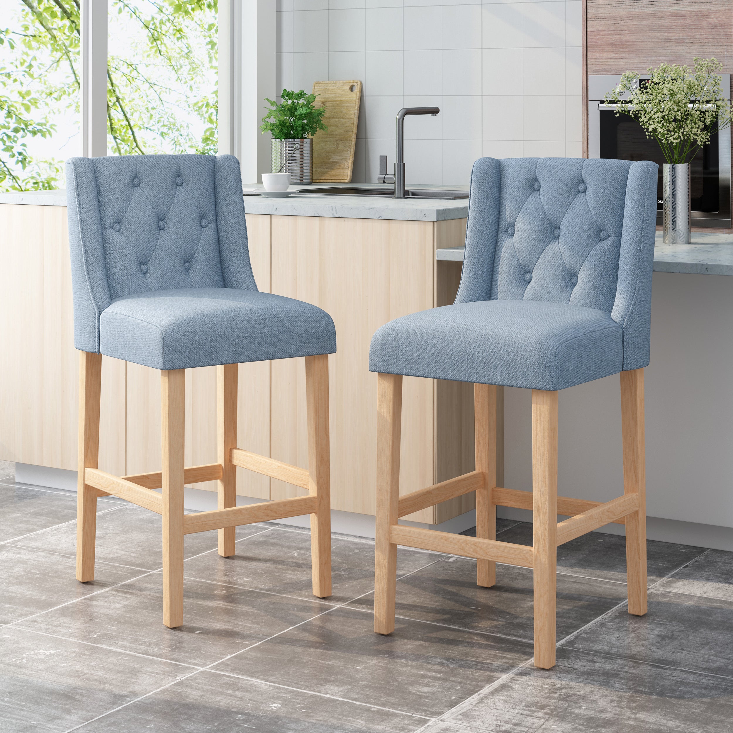 Zaydrian Button Tufted Fabric Wingback Bar Stool (Set of 2)