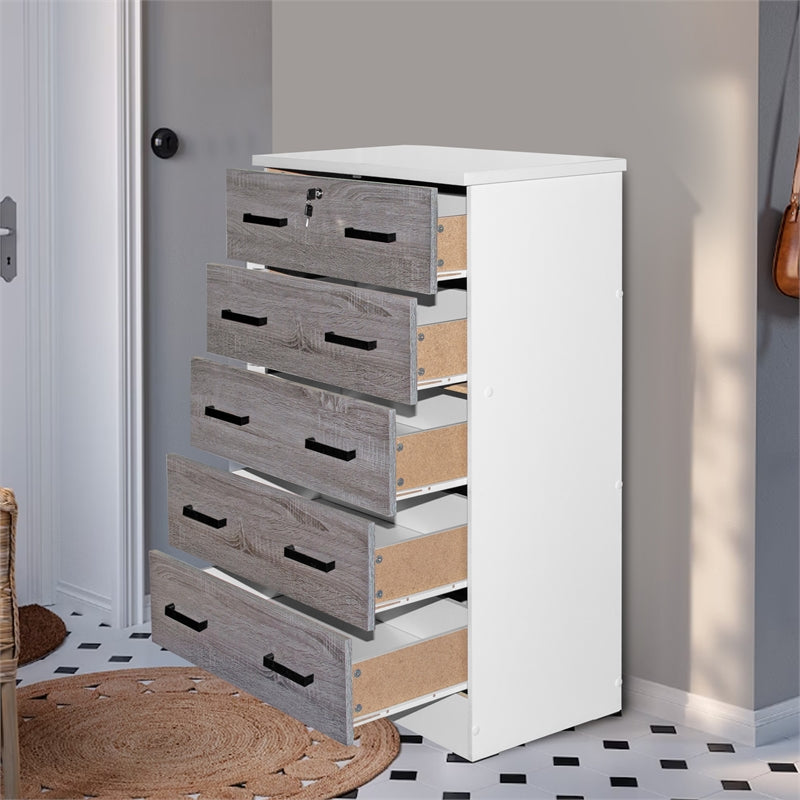 Better Home WC5-Wht-Gry Cindy 5 Drawer Chest Wooden Dresser with Lock, White & Gray