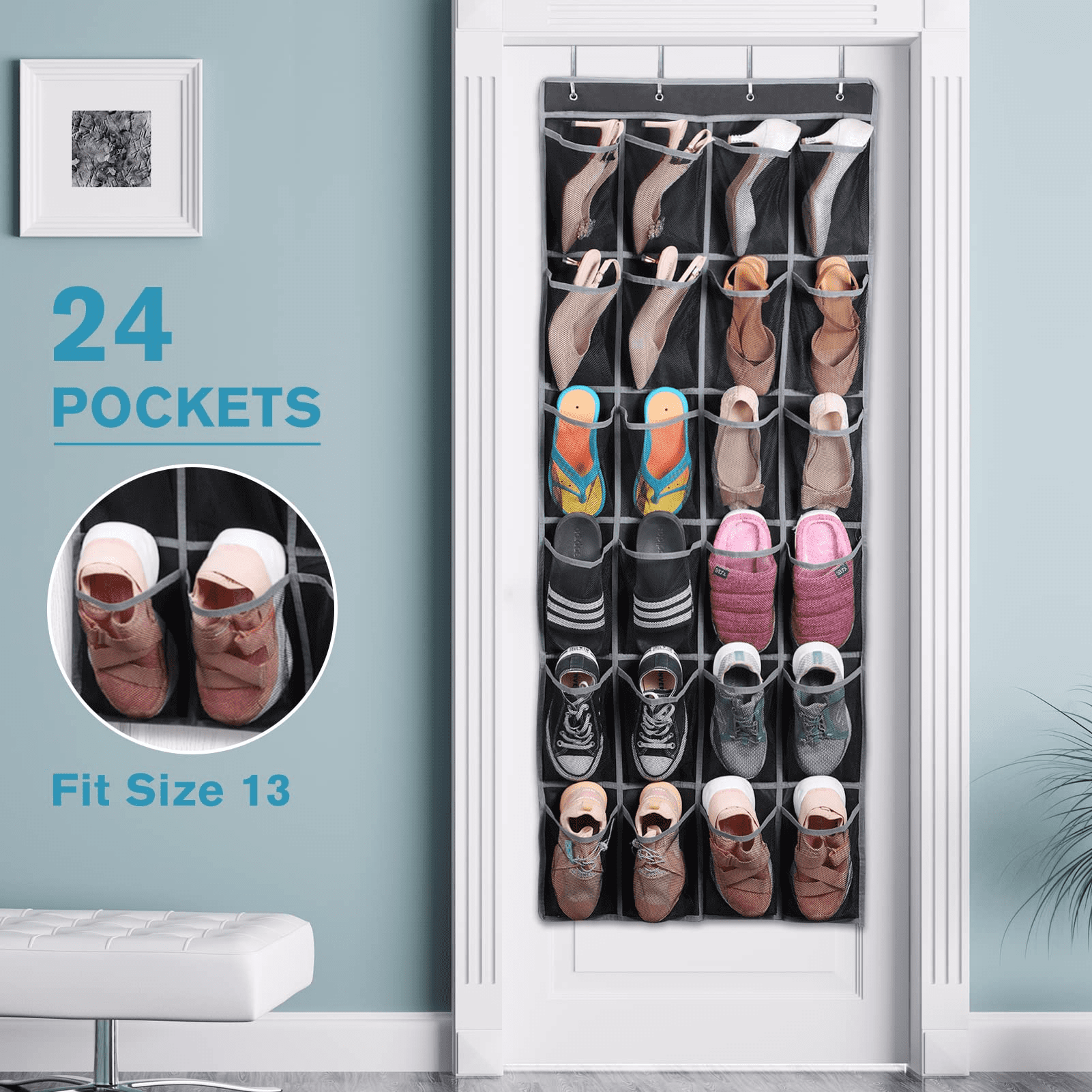 Over the Door Shoe Organizer 24 Large Mesh Pockets， Door Shoe Rack Holder Back of Door Shoe Storage Organizer Hanging， Black