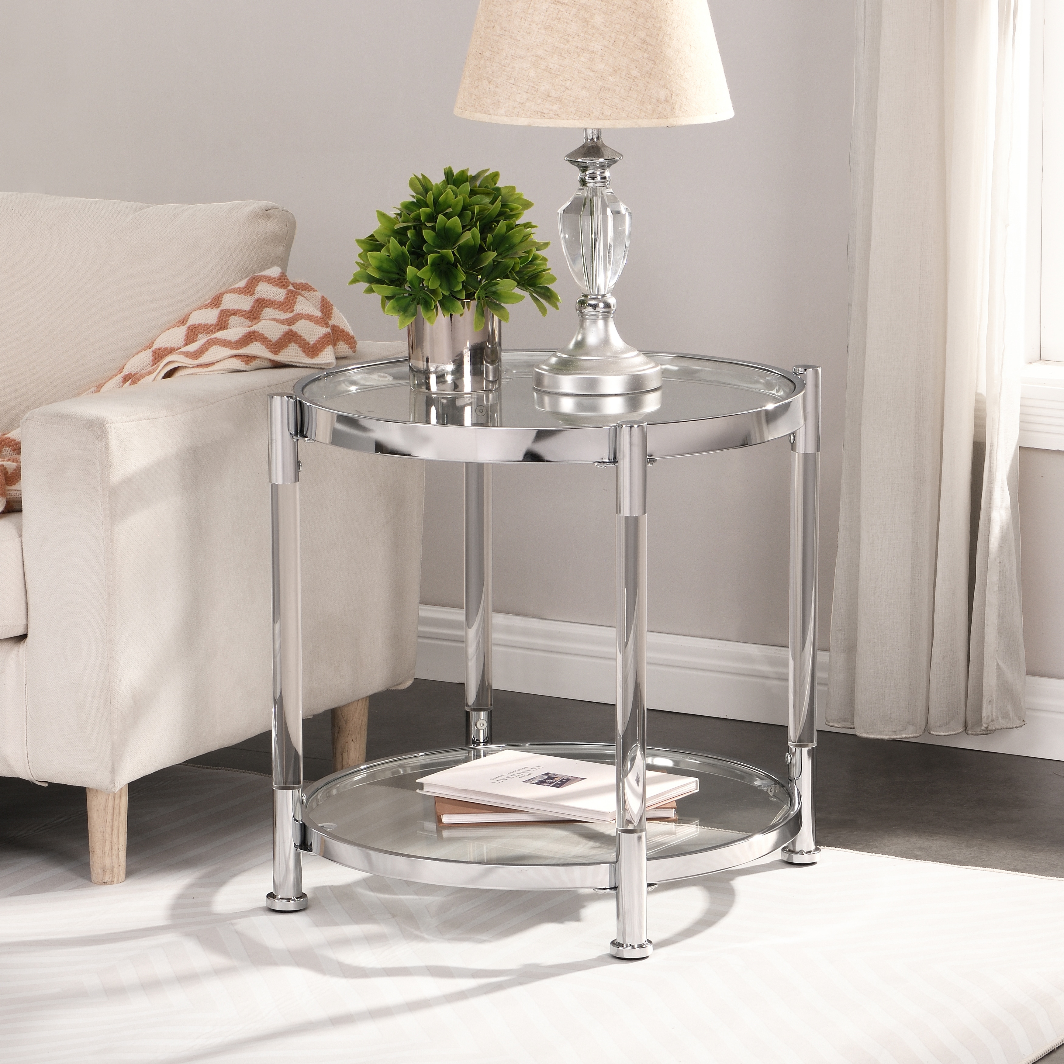 Contemporary Acrylic End Table， Side Table with Tempered Glass Top， Chrome/Silver End Table for Living RoomandBedroom