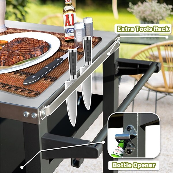 3Shelf Outdoor Grill Table with Wheels，Pizza Oven Table