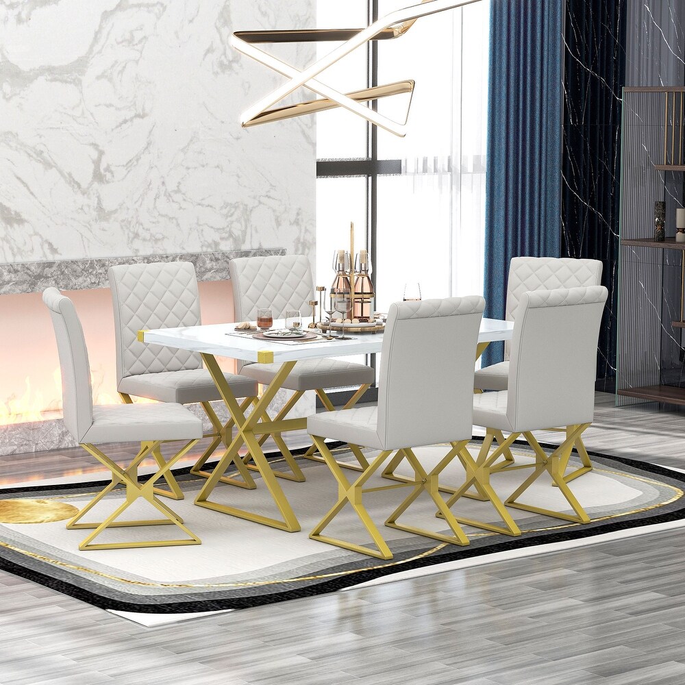 Modern 7 Piece Dining Set: Rectangular Faux Marble Table  PU Leather Chairs with Gold Steel Legs