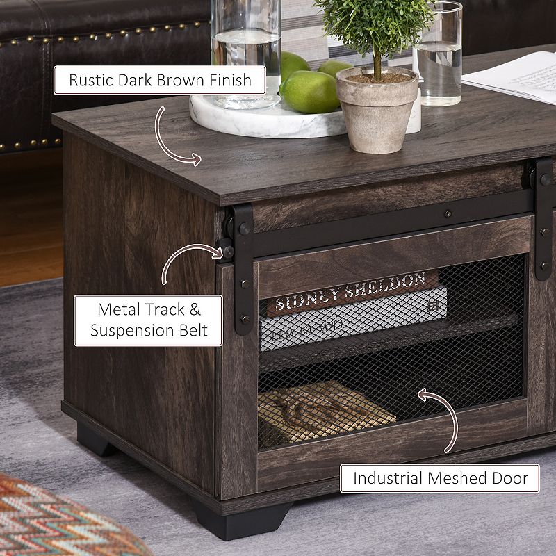 HOMCOM Farmhouse Coffee Table with Sliding Mesh Barn Door Storage Cabinet and Adjustable Shelves for Living Room Dark Brown