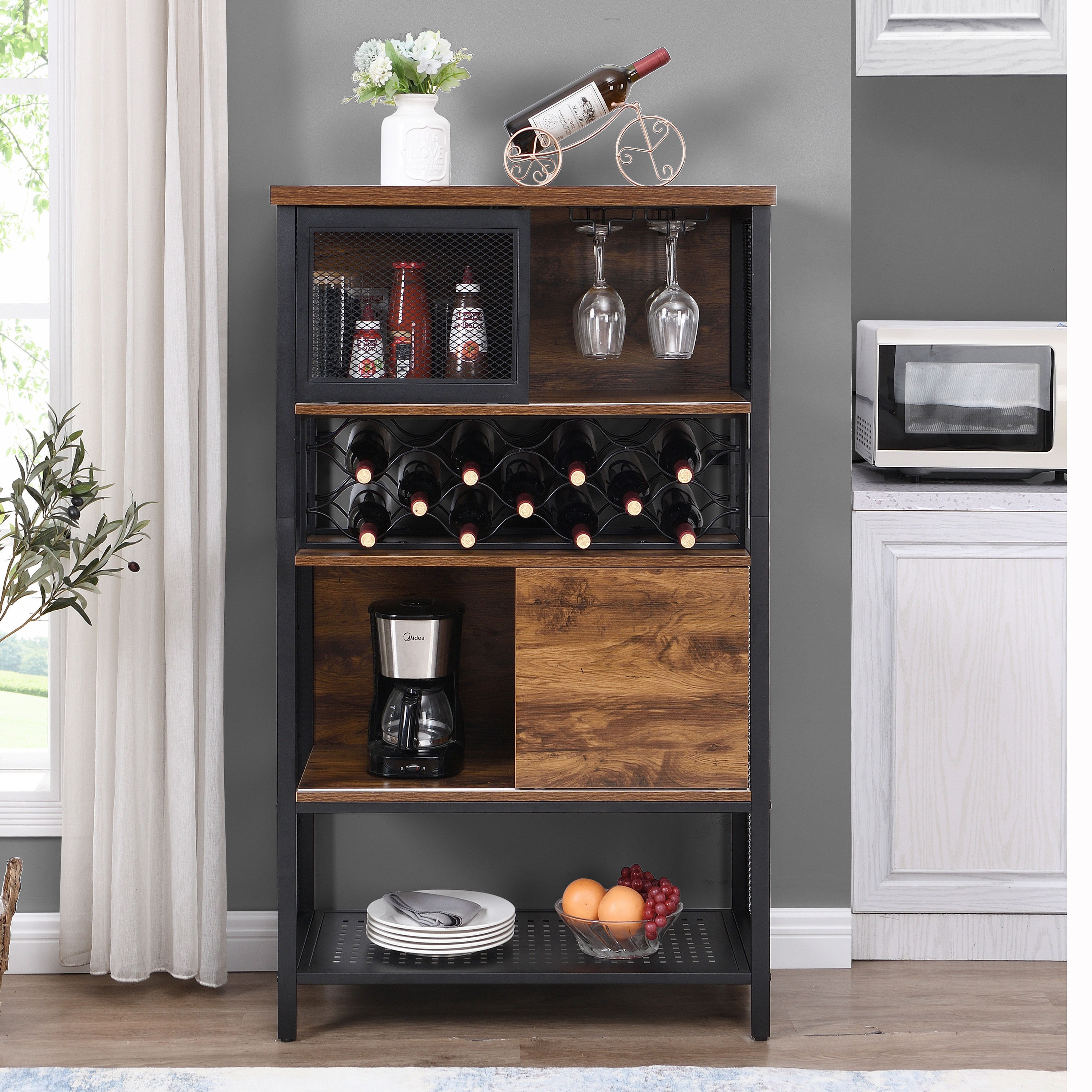 Brown Kitchen Storage Cabinet， Industrial Bar Cabinet with Wine Rack for Liquor and Glasses， 5-Tier Sideboard Buffet for Kitchen Dining Room with Sliding Door and Shelves