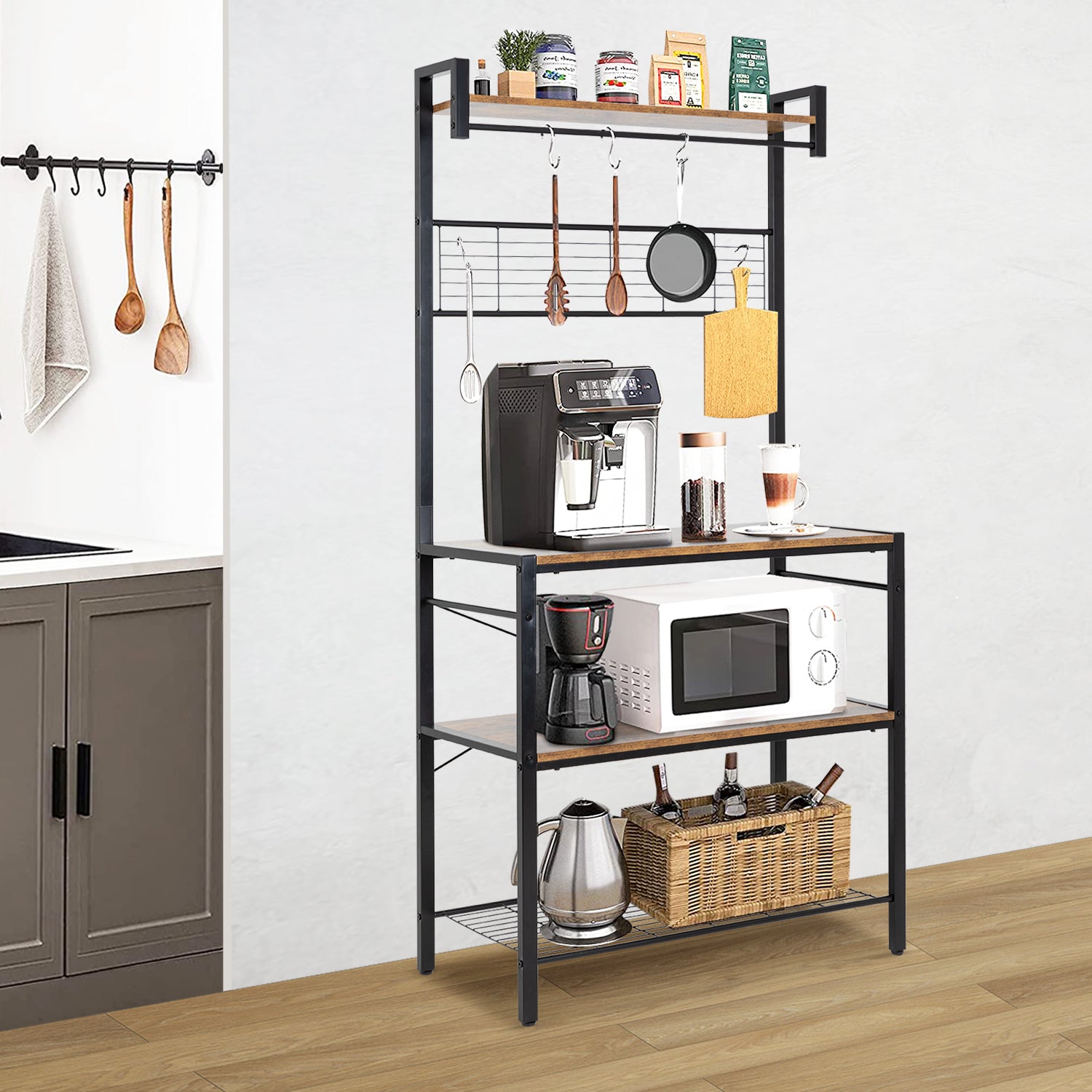 PayLessHere Kitchen Bakers Rack with Storage，4-Tier Microwave Stand Kitchen Storage Rack Kitchen Utility Cabinet Coffee Bar with Shelves for Kitchen，Rustic Brown