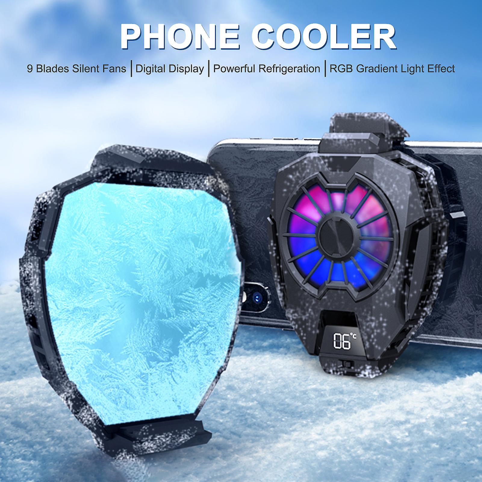 Black Phone Cooler Poweful Cooling Radiator With Digital Display 9 Blades Fan Rgb Gradient Light Effect Semiconductor Heatsink Mobile Radiator For Gam