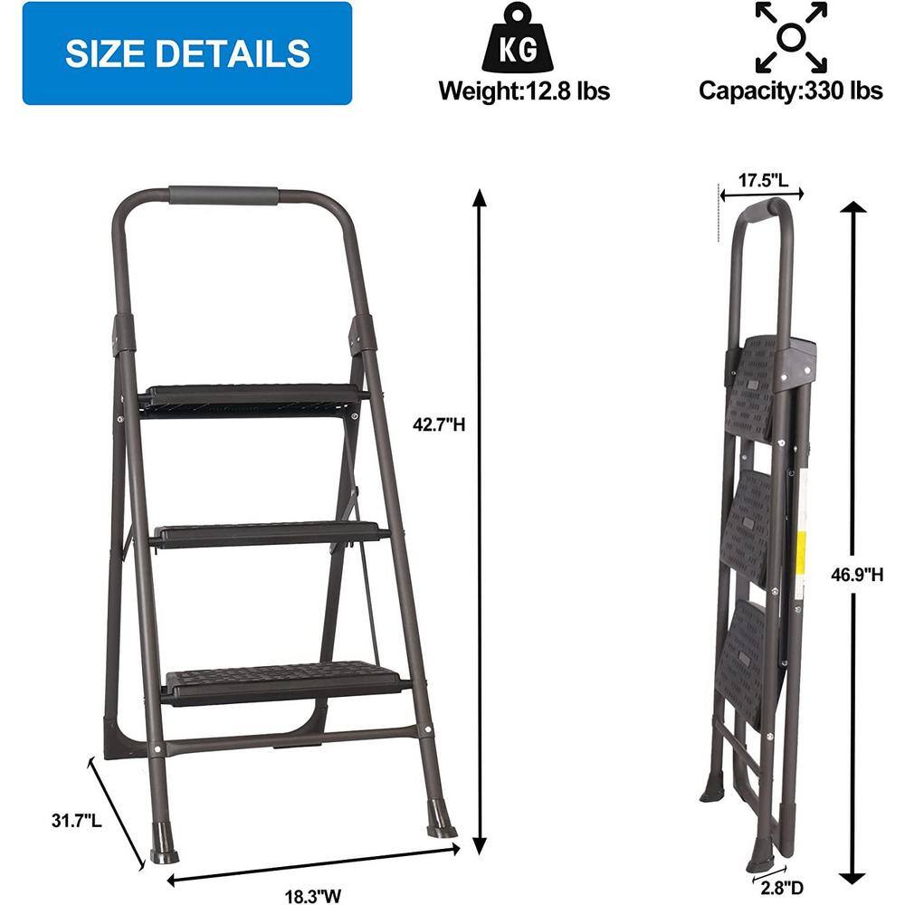 Amucolo 3-Step Steel Ladder，Folding Step Ladder Step Stool with Wide Anti-Slip Pedal，330 lbs. Load Capacity Bos-CYD0-4RE6