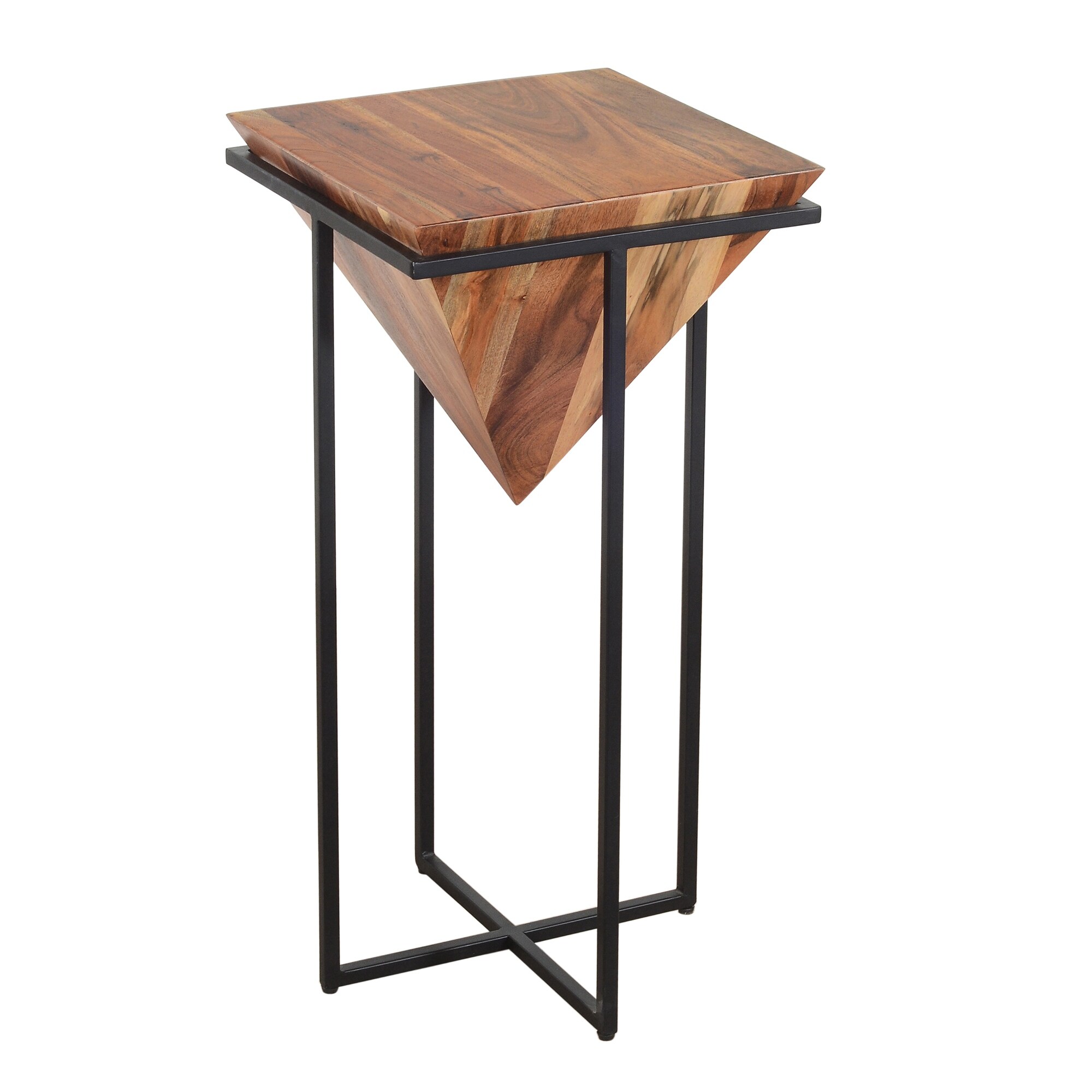 30 Inch Pyramid Shape Wooden Side Table With Cross Metal Base， Brown and Black - 30 H x 15 W x 15 L Inches