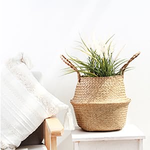 BlueMake Woven Seagrass Belly Basket for Storage Plant Pot Basket and Laundry, Picnic and Grocery Basket