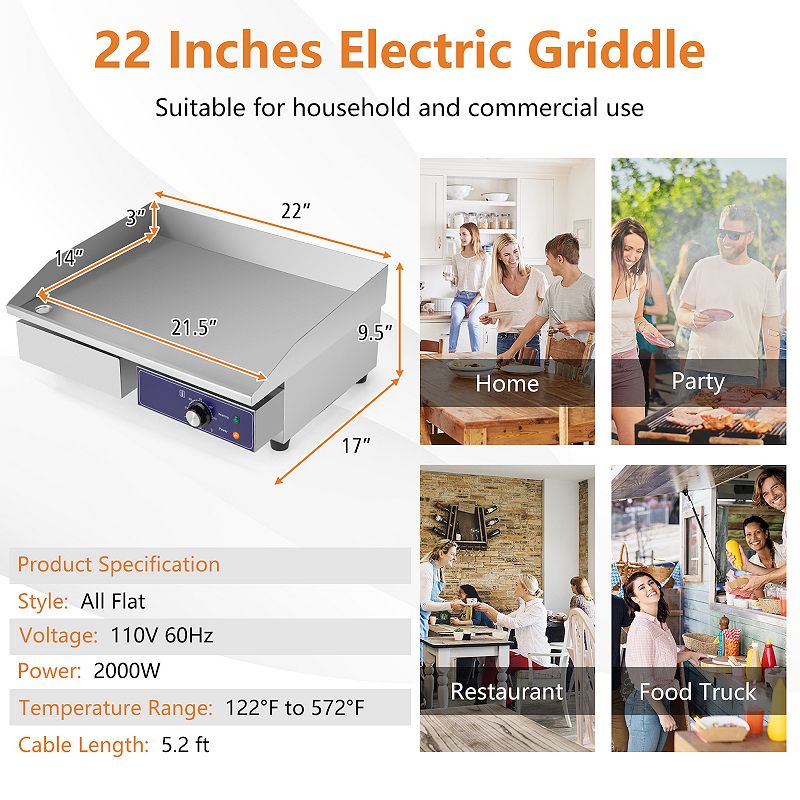 Commercial Electric Griddle with Adjustable Temperature Control-Silver