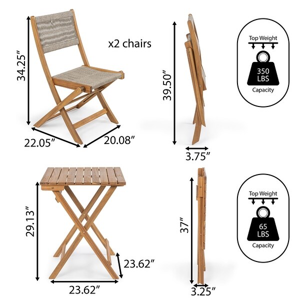 Cadiz Modern Coastal 3Piece Acacia Wood Outdoor Folding Bistro Set，by JONATHAN Y