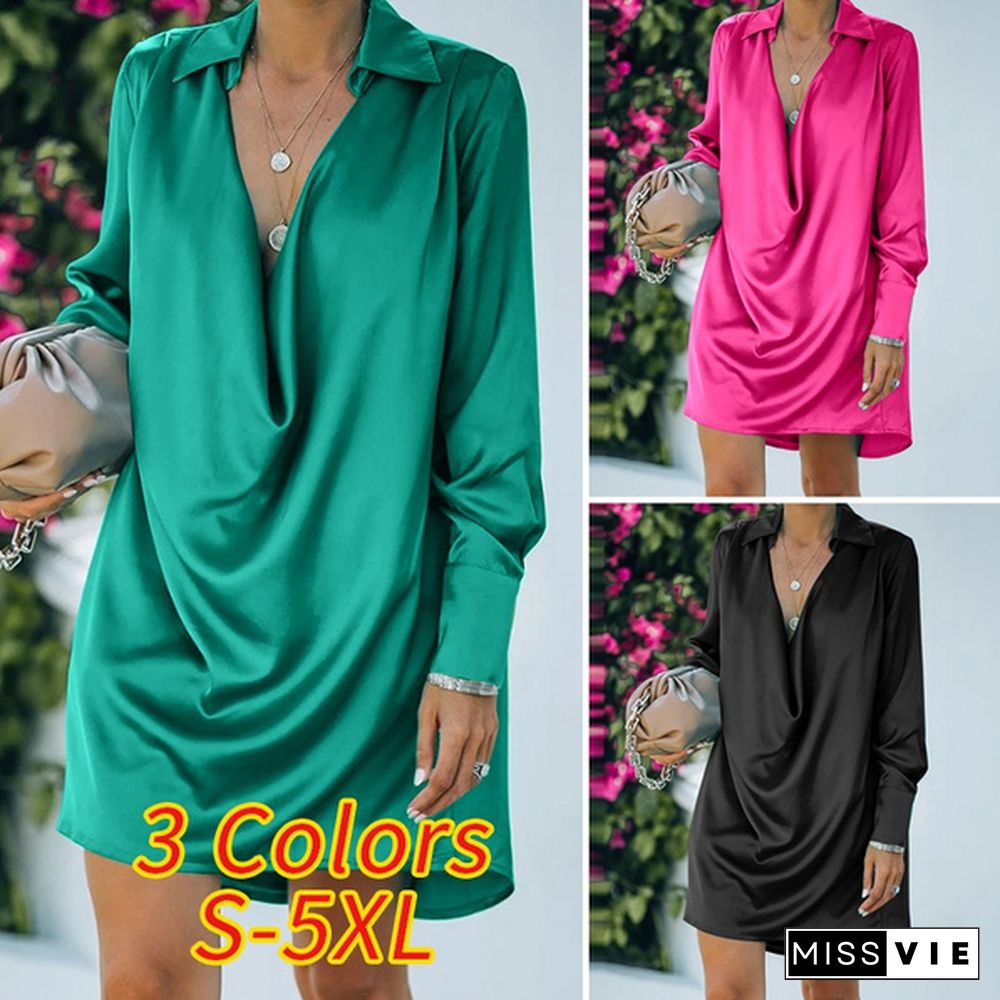 Women Long Sleeve Mini Dress Satin Silk Lapel Cowlneck Party Casual Loose Shirt Dress Plus Size