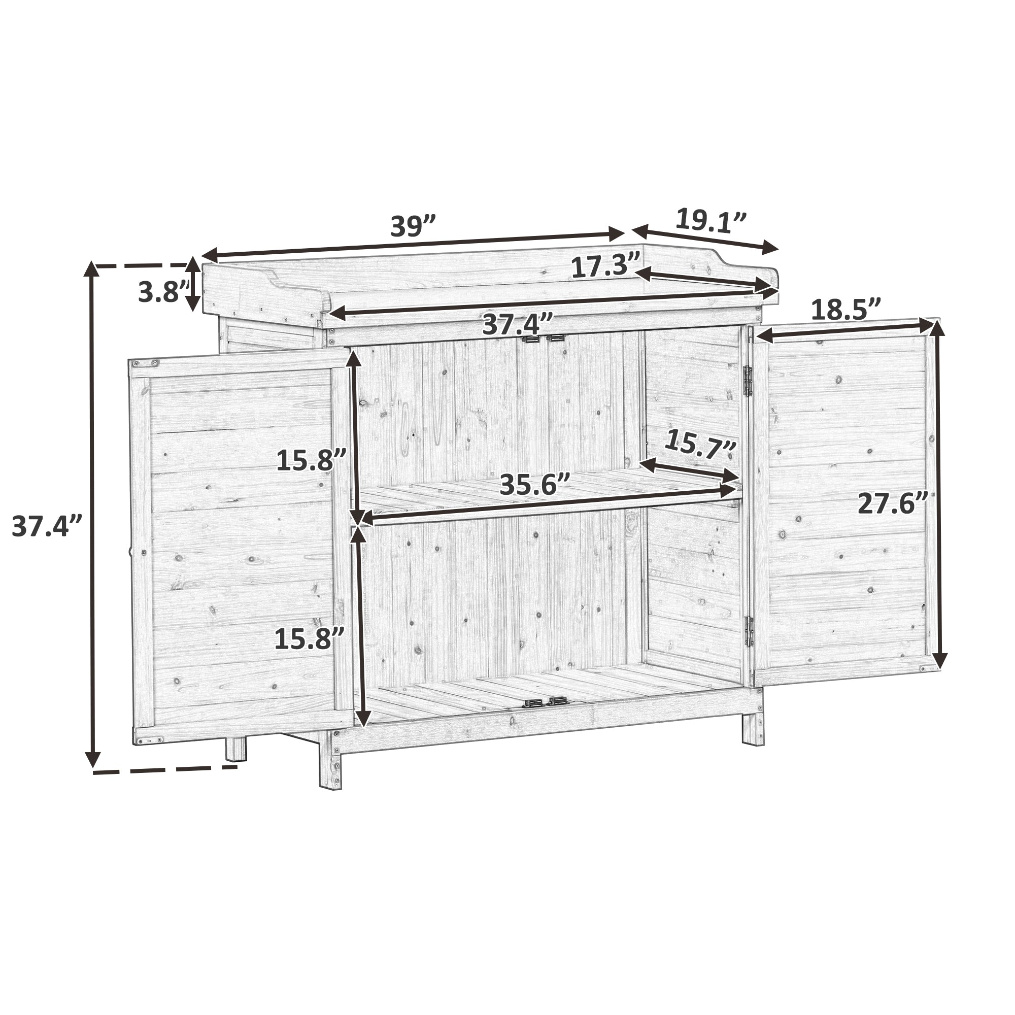 Docooler Outdoor 39" Potting Bench Table, Rustic Garden Wood Workstation Storage Cabinet Garden Shed with 2-Tier Shelves and Side Hook, Grey