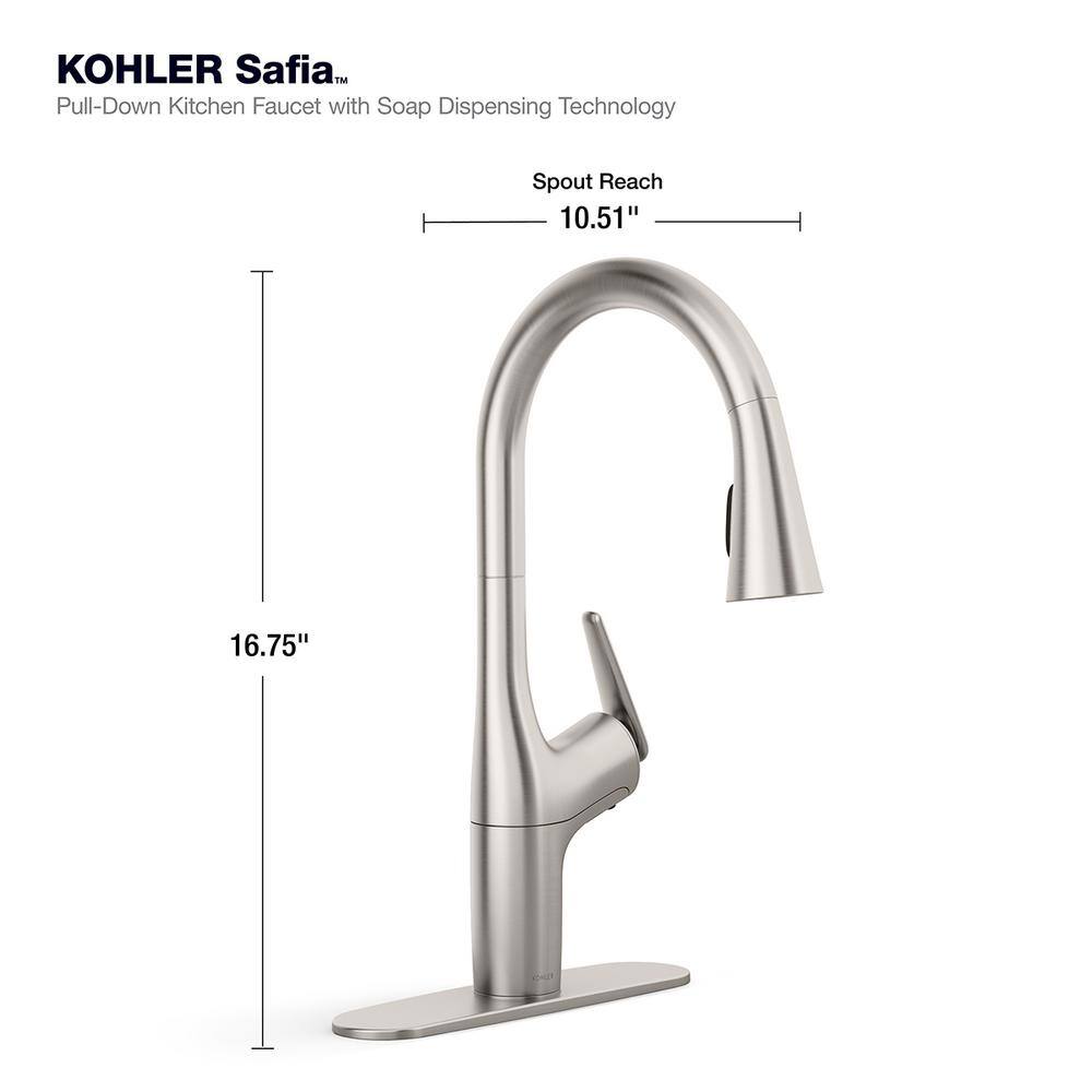 KOHLER Safia 1-Handle Pull Down Sprayer Kitchen Faucet with Integrated Soap Dispenser in Vibrant Stainless K-R24298-VS