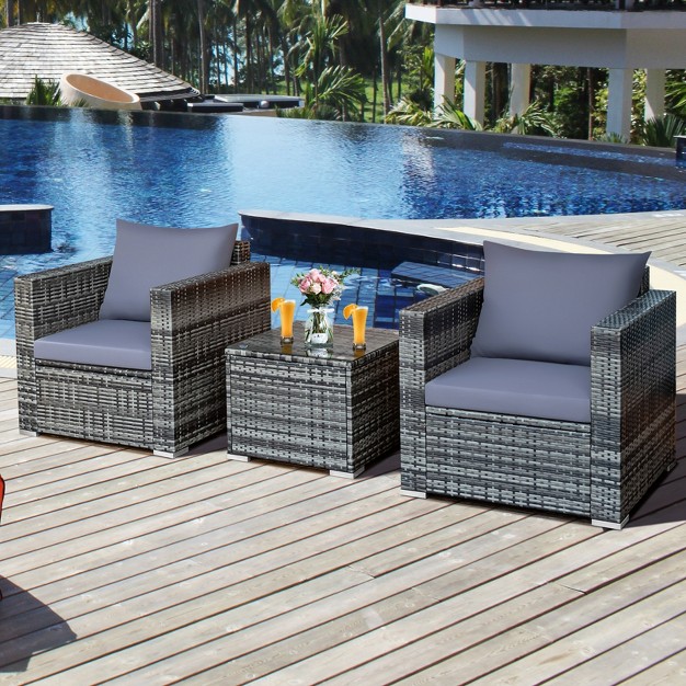 Tangkula 3 piece Patio Wicker Conversation Set Bistro Rattan Sofa Chair With Washable Cushion Gray