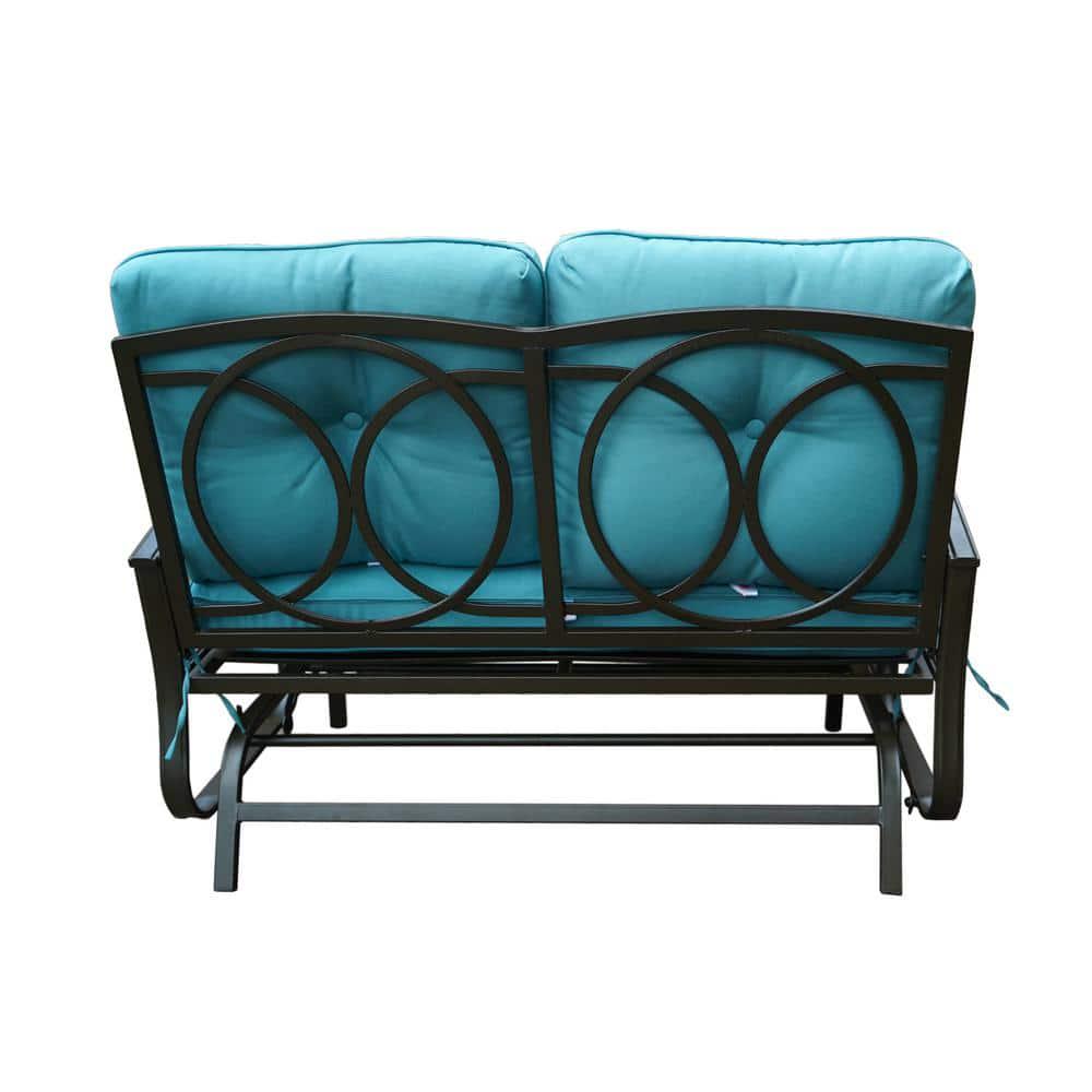 KOZYARD Wrought Iron Metal Rocking Love Seats Glider Swing BenchRocker for Patio Yard with Blue Cushion and Sturdy