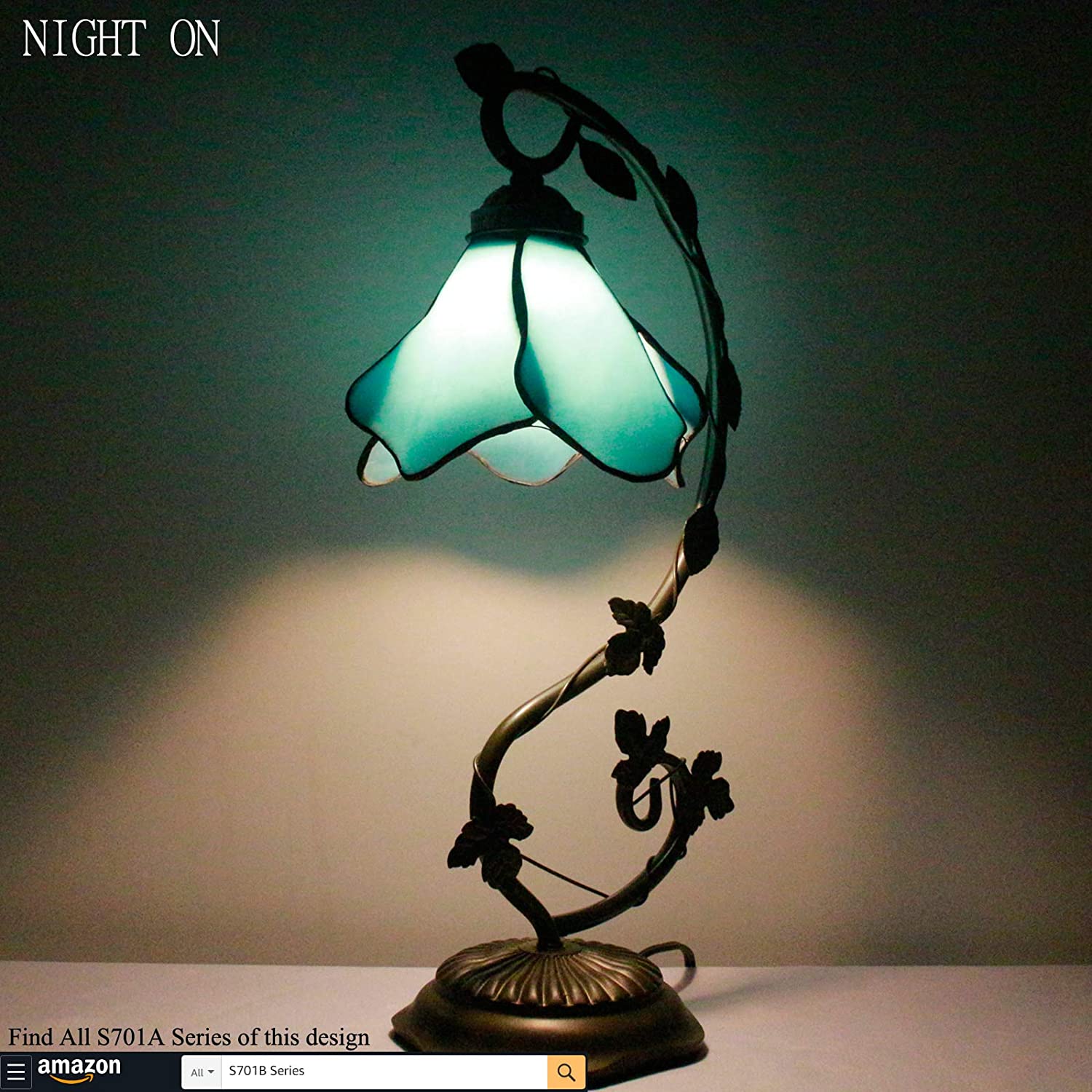 SHADY Tiffany Lamp Blue Stained Glass Table Lamp  Metal Leaf Table Desk Reading Light 8X10X21 Inches Decor Small Space Bedroom Home Office S701 Series