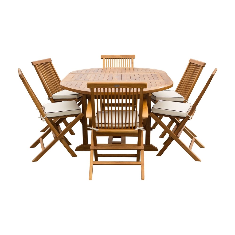 Chic Teak 7 Piece Teak Wood Miami Patio Dining Set with Round to Oval Extension Table  2 Arm Chairs and 4 Side Chairs